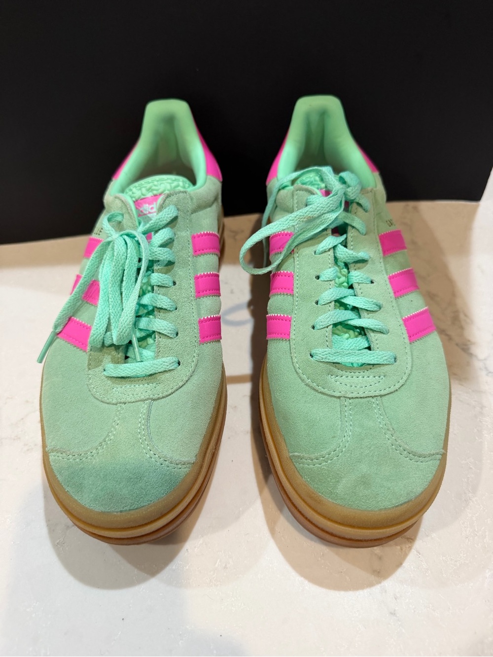 NWOT adidas Women's Mint Green Suede Sneakers with Hot Pink Stripes